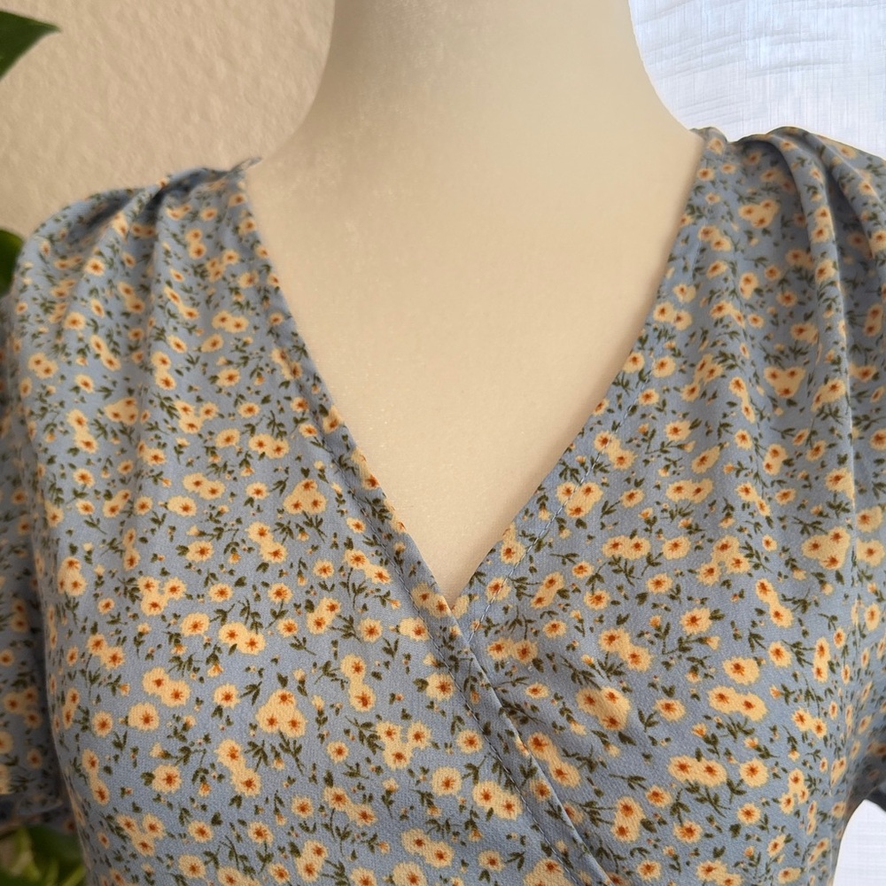 Light Blue and Yellow Floral Wrap Mini Dress - Picture 3 of 5